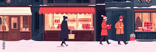 Winter street shopping scene with people buying gifts at decorated market stalls in snowy old town festive atmosphere vector illustration