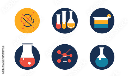 Flat minimalist chemistry icons set with laboratory glassware including test tubes, flasks, molecule structure, and chemical solution in colorful round backgrounds