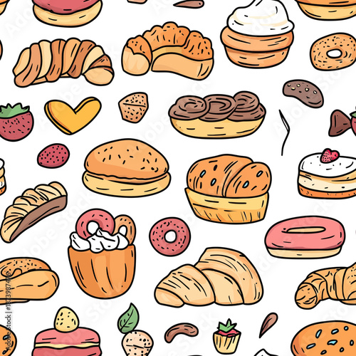 Seamless hand drawn vector pattern of assorted bakery pastries bread croissants muffins donuts and cake with strawberries in doodle sketch style on white background
