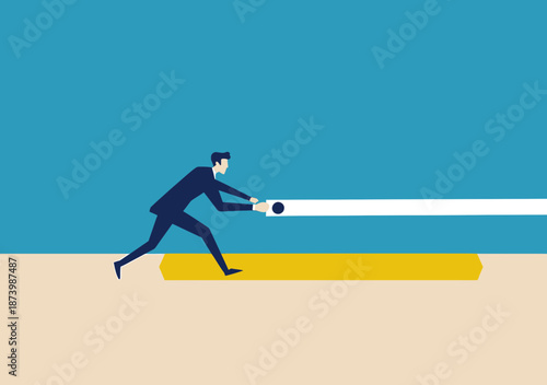 Businessman pushing progress bar slider forward on digital interface symbolizing effort to complete project and achieve goal in deadline concept flat design vector illustration