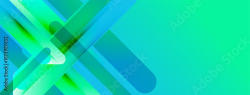 Abstract geometric design. Overlapping rectangles create dynamic visual effect. Bright turquoise, green hues dominate composition. Modern, clean aesthetic.