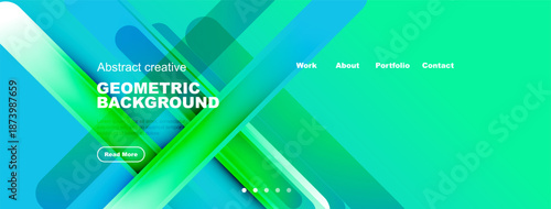 Modern abstract design. Vibrant colors, geometric shapes create dynamic background. Website header includes navigation options, call to action.