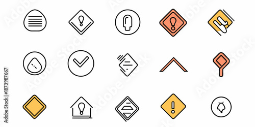 Set of 20 minimalistic alert and caution icons including warning signs, exclamation marks, check marks, drop, directions, and hazard symbols in outline style