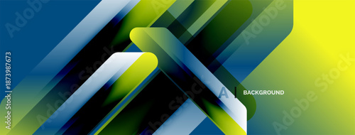 Abstract geometric design. Overlapping layers create dynamic visual effect. Bright colors blend, forming modern background.