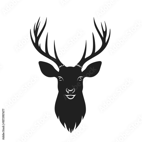 Black silhouette of majestic deer head with large antlers front view isolated on white background vector illustration