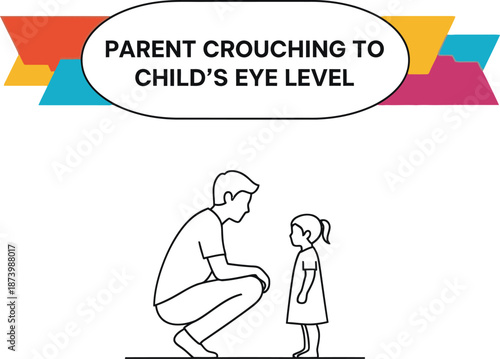 Black outline vector illustration of a parent kneeling to communicate with a young child