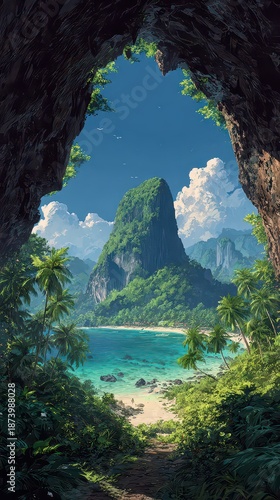 Tropical Island View Through Cave Opening with Turquoise Water Lush Greenery and Blue Sky in Pixel Art Style