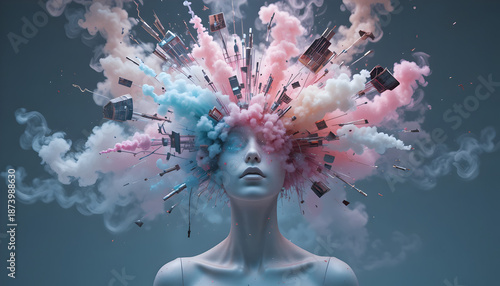 Surreal woman with colorful smoke and technology exploding from head