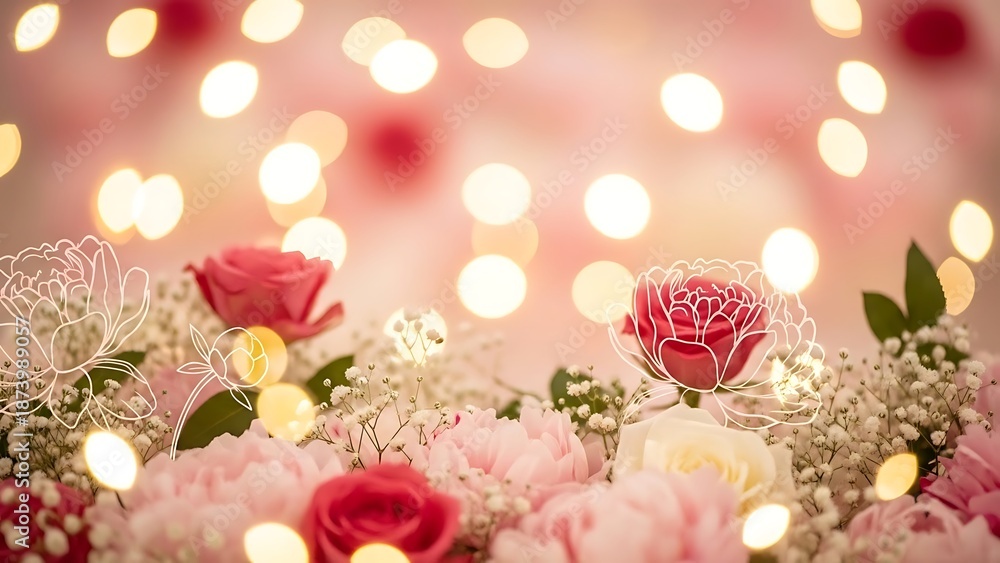 Obraz premium Pink and white roses with bokeh lights in romantic floral arrangement