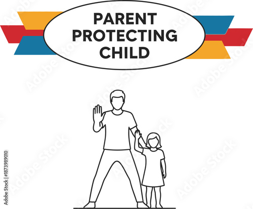 Black outline vector illustration of a parent protecting a small child