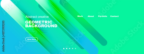 Abstract geometric background design. Vibrant blue, green gradients create modern visual appeal. Navigation elements present.