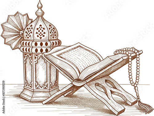 Detailed line art vector sketch of an open Holy Quran on a rehal stand with ornate Ramadan lantern.