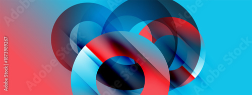 Abstract composition featuring overlapping translucent circles. Red, blue hues blend creating dynamic visual effect. Modern design.