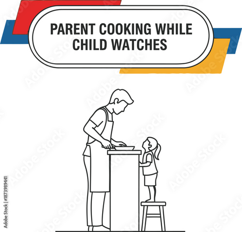 Black outline vector illustration of a parent teaching a child to cook in the kitchen