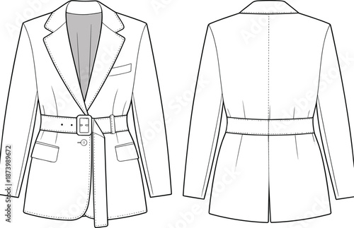 Women’s belted blazer fashion design flat sketch, tailored fit jacket, long sleeves, notch collar, flap pockets, stylish, office wear