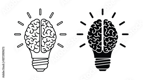 Brain creativity and idea lightbulb vector illustration set. Modern style icon. Vector icon set. Glyph and solid icon set. Icon vector. Flat Design Icon. line icon set