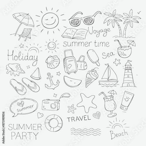 Hand drawn summer vacation doodles and travel elements.