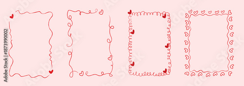 Doodle hand drawn heart frames with wavy lines and playful borders. Coquette retro vintage set for valentine day, wedding invitation, birthday card, prints. Vector illustration isolated on background