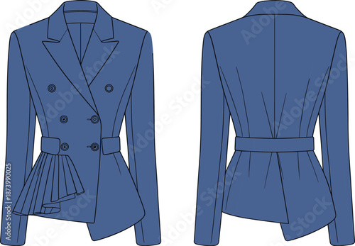 Women’s belted blazer with pleated side design, double-breasted closure, tailored fit, CAD flat sketch, formal fashion vector