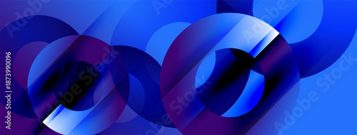 Abstract composition features overlapping circles, gradients. Blue, purple hues dominate design, creating dynamic visual effect.