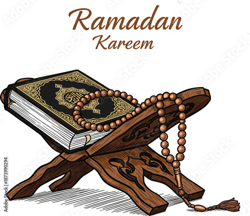 Detailed vector ink sketch of a closed Holy Quran and prayer beads on a wooden rehal stand.
