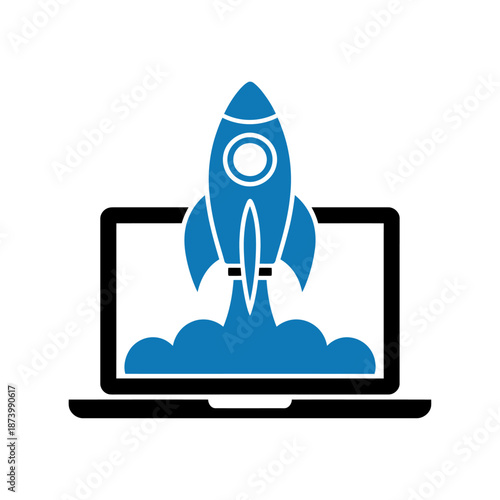 Blue Rocket Launching from Laptop Screen Illustration