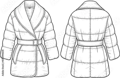 Women’s belted puffer coat flat sketch, winter warm jacket, quilted design, shawl collar, padded outerwear, stylish insulated, cold weather