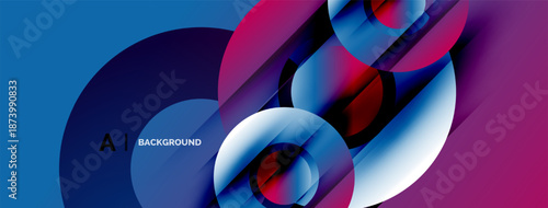 Abstract composition. Overlapping circles, vibrant colors, dynamic shapes create modern visual experience. Blue, pink, purple hues dominate.