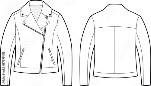 Women’s biker jacket flat sketch with front zipper, collar, long sleeves and pockets, fashion technical cad vector illustration
