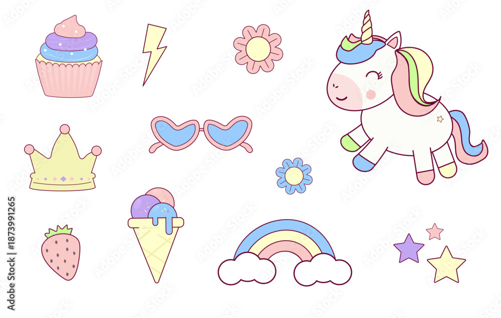 Fototapeta premium Cute Colorful Set of unicorn doodles