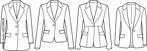 Women’s blazer jacket flat fashion sketch collection, tailored suit coats with lapel collar, CAD drawing flat vector illustration for apparel