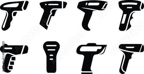 Collection of black digital thermometers and barcode scanners on a white background isolated