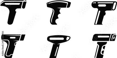 Collection of black silhouette icons representing various handheld barcode scanners and infrared thermometers isolated on transparent background
