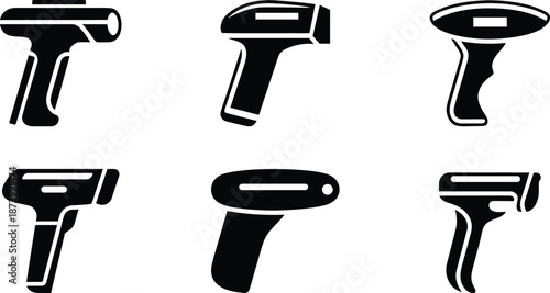 Collection of six black handheld scanner icons with different designs representing technology and data capture