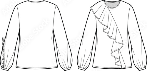 Women’s blouse fashion flat sketch with ruffle detail, long puff sleeves, front and back view, technical garment drawing