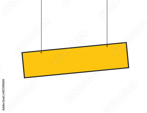Yellow hanging signboard label. Blank rectangular shop sign. Sale promotion display board. Business announcement signage