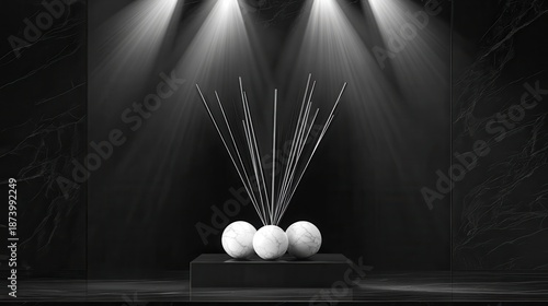Three Stone Spheres and Reaching Lines Illuminated by Spotlight