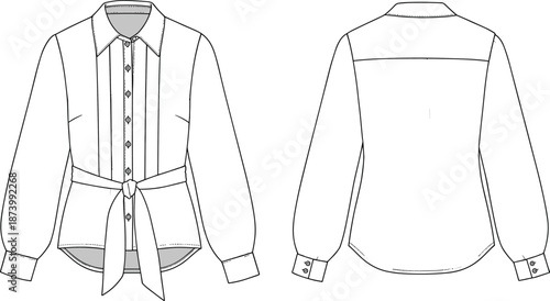 Women’s button-down shirt with waist tie, fashion CAD flat vector sketch, long sleeve blouse front and back technical garment drawing