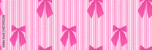 Seamless hand-drawn pink bow stripe pattern. Romantic ribbon background for Valentine and wedding projects, wrapping, stationery, girly decor. Vector illustration with vertical candy stripes and bows.