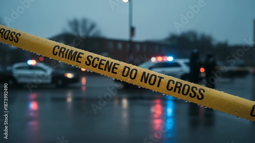 Yellow crime scene tape with water drops marking off an active investigation area as police officers and cars with flashing lights secure the perimeter on a rainy evening