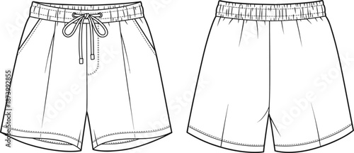 Women’s casual shorts technical fashion flat sketch, drawstring waistband, side pockets, relaxed fit, elastic waist, summerwear