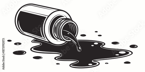 Ink puddle black ink liquid spill bottle vector art illustration outline graphic messy fluid monochrome container spill