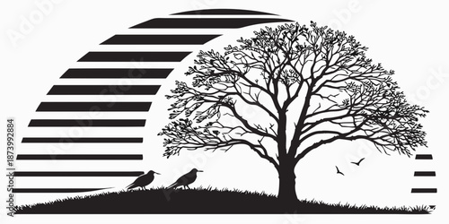 Vector art retro sunset silhouette half tree landscape with bird flock calm nature scene