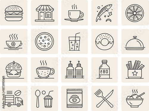Food & Drink Icon Set, Burgers, Coffee, Pizza, Snacks, Beverages, Restaurant, Delivery, Cutlery, Condiments, Citrus, Soup, Fries, Donut, Sandwich, Soda, Fish, Chips, Mug, Fork & Knife, Serving Dish