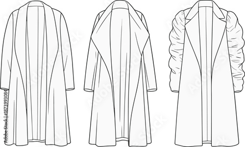 Women’s coat fashion sketch, long sleeve outerwear CAD drawing, flat fashion vector illustration, digital coat template, editable clothing design