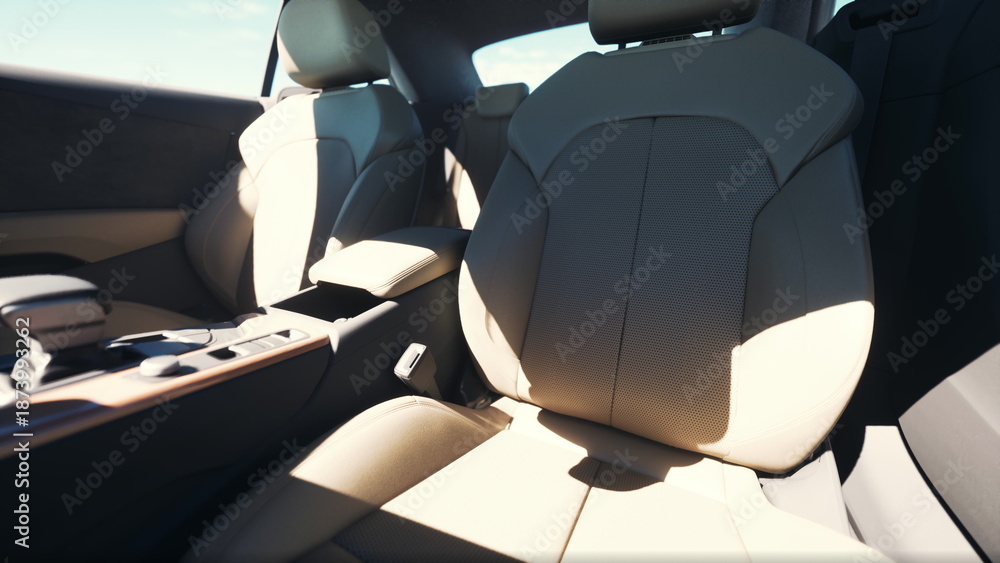 Fototapeta premium Sunlight streams through the windows, illuminating the smooth leather seats of an elegant car interior. The design emphasizes both comfort and sophistication, inviting relaxation.