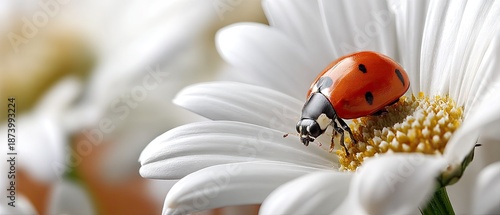 Ladybug resting on a white daisy flower with yellow stamens in natural setting under soft light