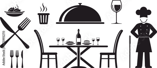 Restaurant Service Icons. Chef, Dining Table, Wine, Glasses, Cutlery, Sandwich, Cloche, Steaming Food, Trash Bin, Plate, Forks, Knife