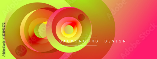 Abstract colorful circles overlap creating dynamic gradient effect. Modern design suitable for banners, presentations. Vivid hues dominate composition.