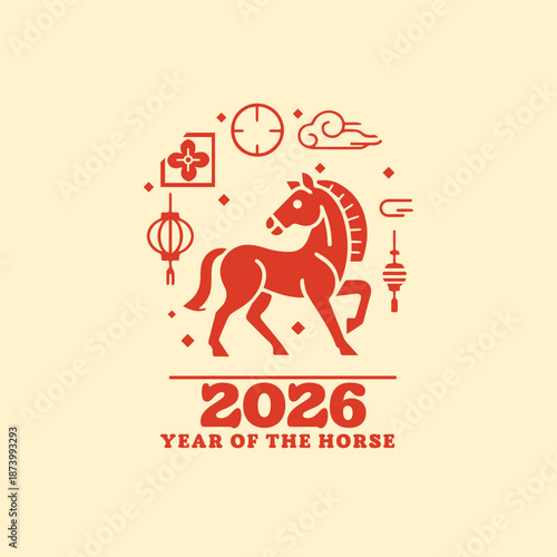 2026 Year of the Horse Chinese Zodiac Illustration – Red Fire Horse with Traditional Pattern